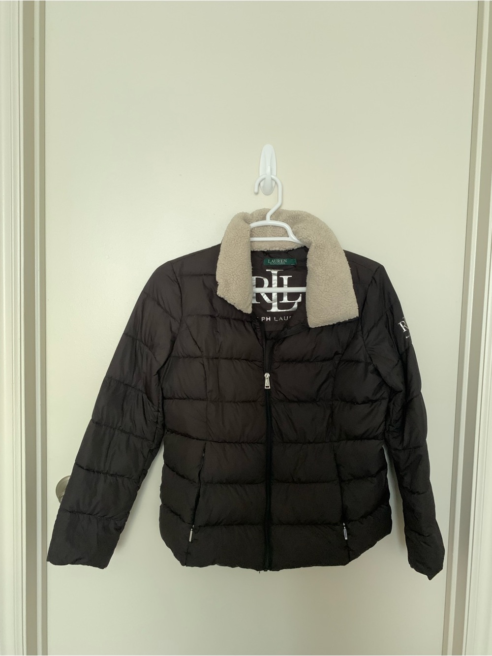 Ralph Lauren Black Puffer Jacket with Cream Sherpa Collar